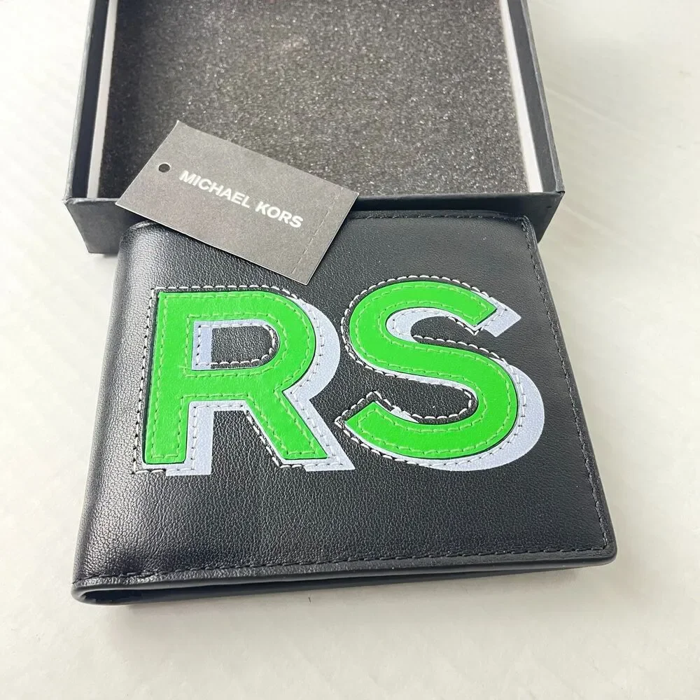 Michael Kors Men Bold Logo Billfold Black Palm‎ Green Leather Wallet Cooper